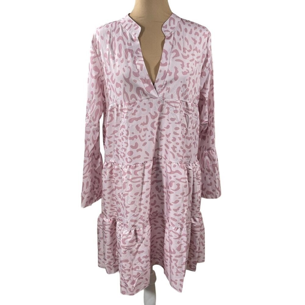 New Aly Daly Tiered Tunic Dress Pink Animal Print Long Sleeve Size L Large